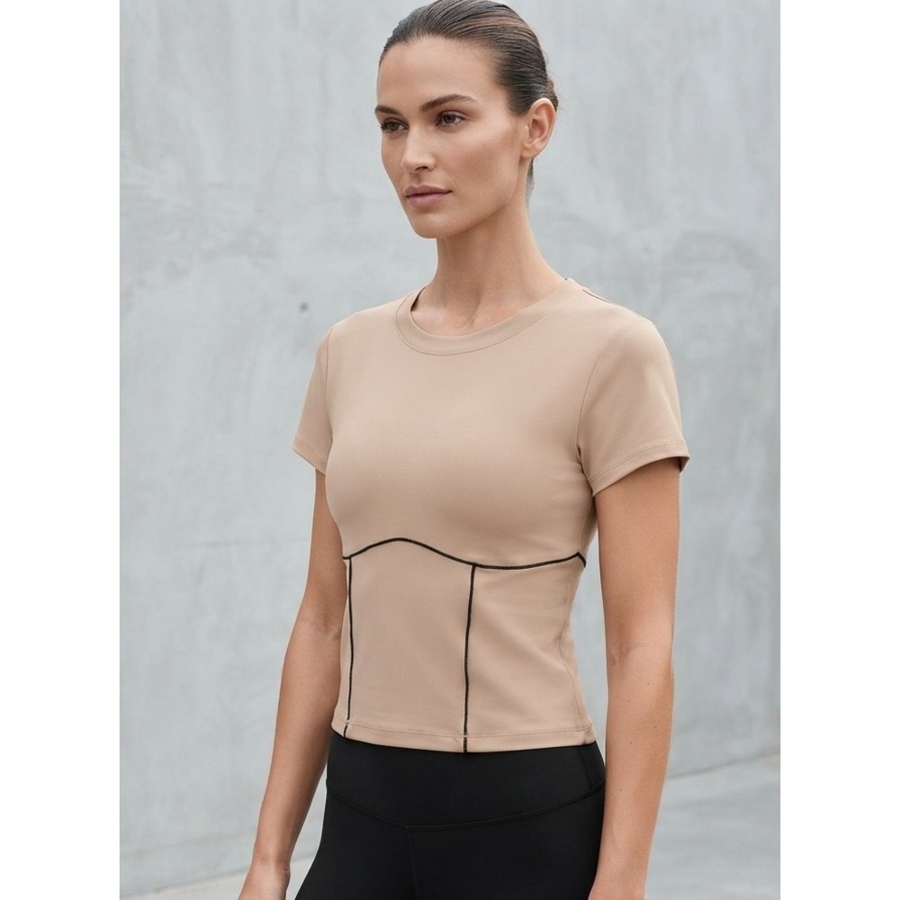 Victoria's Secret Corset Stitch Short Sleeve Athletic Top Tan XL